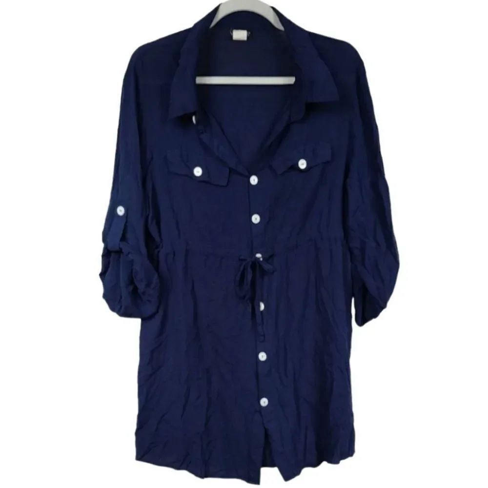 VENUS Navy Shirt Dress XL Beach Cover Up Roll Tab Sleeve Cruise Resort Tunic - Picture 2 of 10